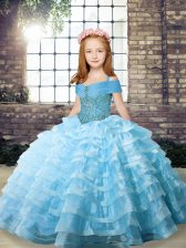  Aqua Blue Pageant Dress for Girls Straps Sleeveless Brush Train Lace Up