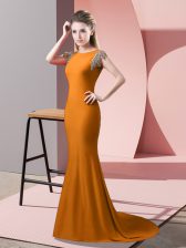  Brown Backless High-neck Beading Prom Gown Elastic Woven Satin Short Sleeves Brush Train