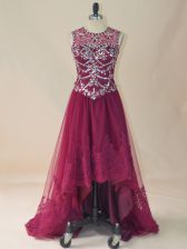 Romantic Burgundy Tulle Lace Up Scoop Sleeveless High Low Prom Gown Beading and Lace