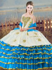 Modern Sweetheart Sleeveless Vestidos de Quinceanera Floor Length Beading and Ruffled Layers Blue And White Organza