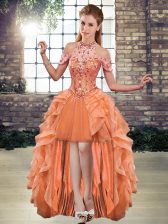 Vintage High Low Lace Up Prom Dress Orange for Prom and Party with Beading and Ruffles