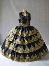 Suitable Black Satin Lace Up 15 Quinceanera Dress Sleeveless Floor Length Embroidery