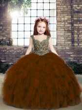  Sleeveless Tulle Floor Length Lace Up Pageant Gowns For Girls in Brown with Beading and Ruffles