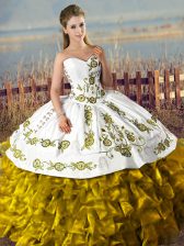 Fantastic Brown Ball Gowns Satin and Organza Sweetheart Sleeveless Embroidery and Ruffles Floor Length Lace Up Quince Ball Gowns