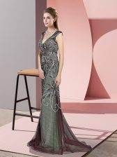 Burgundy Tulle Zipper Dress for Prom Sleeveless Sweep Train Beading