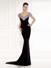 Sweet Sleeveless Chiffon Brush Train Backless Dress for Prom in Black with Beading
