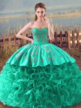 Eye-catching Sleeveless Fabric With Rolling Flowers Brush Train Lace Up Quinceanera Dress in Turquoise with Embroidery and Ruffles