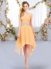 Romantic Sleeveless Chiffon High Low Lace Up Vestidos de Damas in Orange with Belt