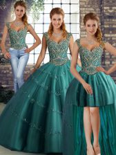  Teal Tulle Lace Up Straps Sleeveless Floor Length Quinceanera Dresses Beading and Appliques