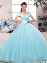 Sophisticated Aqua Blue Tulle Lace Up Off The Shoulder Short Sleeves Floor Length Vestidos de Quinceanera Lace and Hand Made Flower