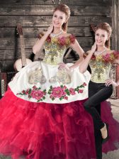 Glittering Satin and Organza Off The Shoulder Sleeveless Lace Up Embroidery Sweet 16 Dress in Hot Pink