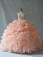 New Style Peach Ball Gowns Beading and Ruffles Quince Ball Gowns Lace Up Organza Sleeveless Floor Length