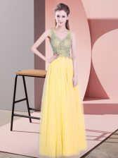 Smart Gold Empire Tulle V-neck Sleeveless Beading Floor Length Zipper Prom Party Dress