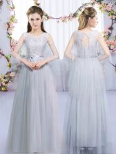 Deluxe Lace and Belt Quinceanera Court of Honor Dress Grey Lace Up Sleeveless Floor Length