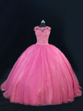  Hot Pink Tulle Lace Up Quinceanera Dresses Sleeveless Floor Length Beading and Lace and Sequins