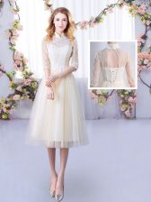  Tea Length Champagne Dama Dress High-neck Half Sleeves Lace Up
