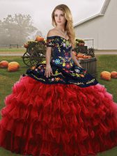 Unique Red And Black Lace Up 15th Birthday Dress Embroidery and Ruffled Layers Sleeveless Floor Length