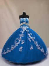 High End Floor Length Lace Up Quinceanera Dresses Blue for Sweet 16 and Quinceanera with Appliques