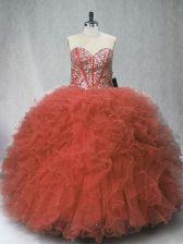 Free and Easy Rust Red Ball Gowns Tulle Sweetheart Sleeveless Beading and Ruffles Floor Length Lace Up 15th Birthday Dress