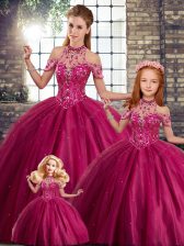 Elegant Fuchsia Lace Up Quinceanera Dress Beading Sleeveless Brush Train
