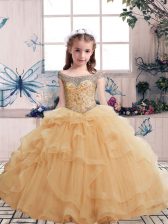 Custom Designed Floor Length Champagne Child Pageant Dress Tulle Sleeveless Beading and Ruffles