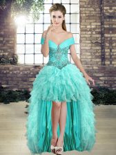 New Arrival Aqua Blue Organza Lace Up Off The Shoulder Sleeveless High Low Prom Evening Gown Beading and Ruffles