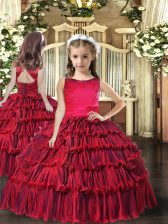  Floor Length Red Little Girls Pageant Dress Sleeveless Ruffled Layers