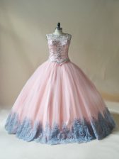  Pink Sleeveless Floor Length Beading and Appliques Lace Up Sweet 16 Dresses