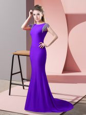 Extravagant High-neck Short Sleeves Brush Train Beading Lavender Elastic Woven Satin