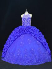 Spectacular Halter Top Sleeveless Sweet 16 Dresses Floor Length Beading and Appliques and Embroidery and Pick Ups Royal Blue Taffeta