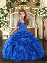Lovely Royal Blue Organza Lace Up Little Girls Pageant Dress Wholesale Sleeveless Floor Length Ruffles