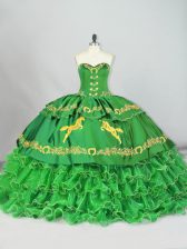 Best Selling Sweetheart Sleeveless Satin and Organza Quinceanera Gown Embroidery and Ruffled Layers Brush Train Lace Up