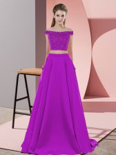 Chic Sweep Train Two Pieces Prom Evening Gown Purple Off The Shoulder Elastic Woven Satin Sleeveless Backless