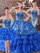  Sleeveless Floor Length Embroidery and Ruffled Layers Lace Up Quince Ball Gowns with Blue