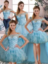 Chic Off The Shoulder Sleeveless Organza 15 Quinceanera Dress Beading and Ruffles Lace Up