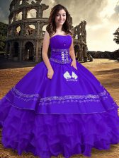 Super Purple Ball Gowns Satin and Organza Strapless Sleeveless Embroidery and Ruffles Floor Length Lace Up Quince Ball Gowns