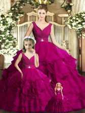  V-neck Sleeveless Organza Quinceanera Gown Beading and Ruffles Backless