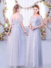 Customized Floor Length Empire Short Sleeves Grey Dama Dress Side Zipper