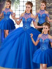 Cheap Sleeveless Tulle Brush Train Lace Up Quinceanera Gown in Blue with Beading and Pick Ups