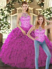 Latest Fuchsia Halter Top Neckline Beading and Ruffles Vestidos de Quinceanera Sleeveless Lace Up