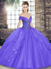 Smart Lavender Tulle Lace Up Ball Gown Prom Dress Sleeveless Floor Length Beading and Ruffles