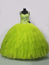 Classical Floor Length Lace Up Quinceanera Gowns Yellow Green for Sweet 16 and Quinceanera with Beading and Ruffles