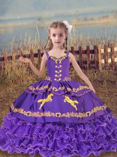Customized Lavender Ball Gowns Beading and Embroidery and Ruffled Layers Pageant Gowns For Girls Lace Up Organza Sleeveless Floor Length