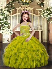 Dramatic Olive Green Tulle Lace Up Kids Pageant Dress Sleeveless Floor Length Ruffles