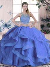 Vintage Blue Two Pieces Tulle Scoop Sleeveless Beading and Ruffles Floor Length Lace Up Quinceanera Gown
