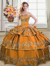 Custom Design Satin and Organza Sleeveless Floor Length Vestidos de Quinceanera and Embroidery and Ruffled Layers