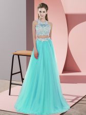 Sweet Aqua Blue Tulle Zipper Halter Top Sleeveless Floor Length Dama Dress for Quinceanera Lace