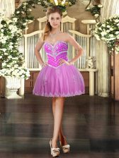 Affordable Sweetheart Sleeveless Dress for Prom Mini Length Beading and Appliques Lilac Tulle
