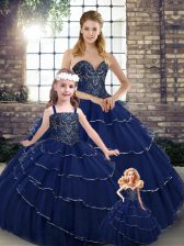 Lovely Navy Blue Sleeveless Brush Train Beading and Ruffled Layers Quinceanera Gown