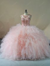 Gorgeous Pink Quinceanera Dresses Tulle Brush Train Sleeveless Beading and Ruffles